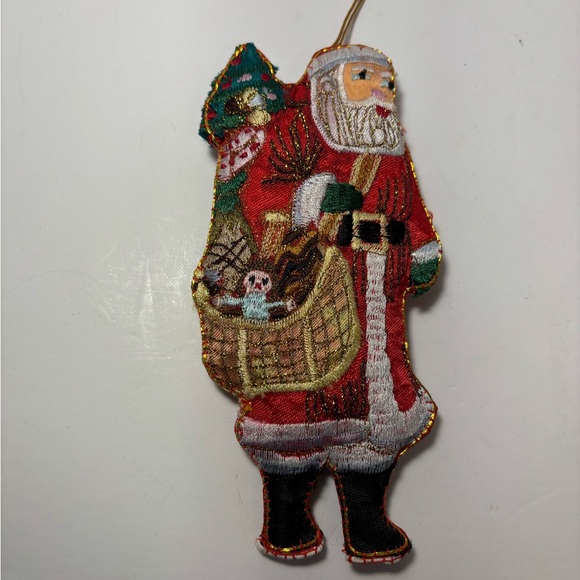 VTG Silk Embroidered Fabric Santa Ornaments Set Of Two Toy Sack Christmas Trees - Picture 3 of 12